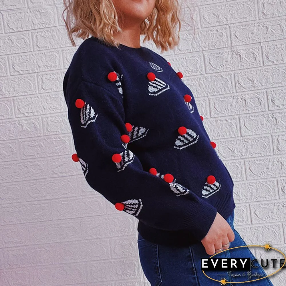 Navy Blue Christmas Hat Print Knit Pullover Sweater