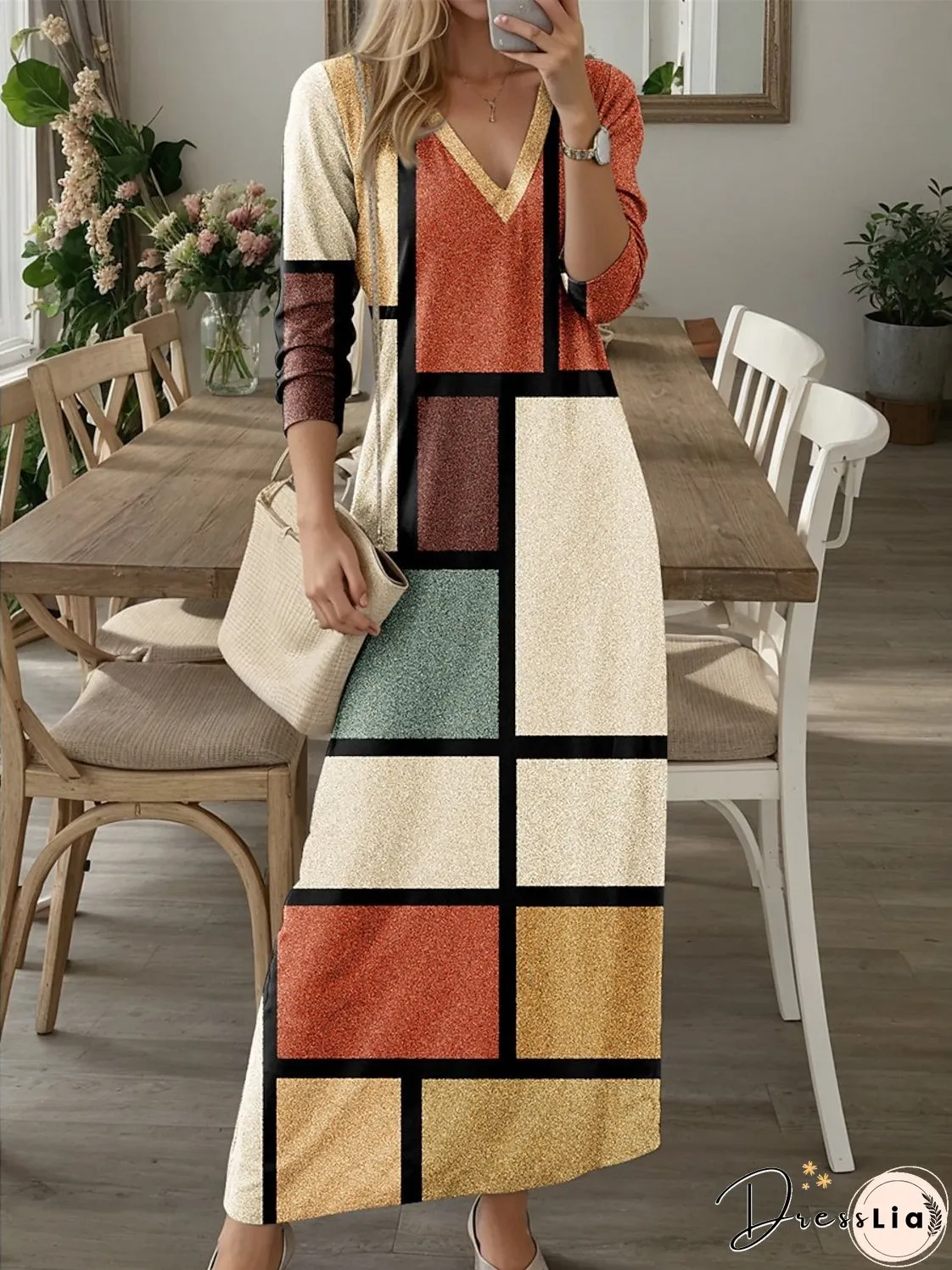 V-neck Long Sleeve Maxi Dress