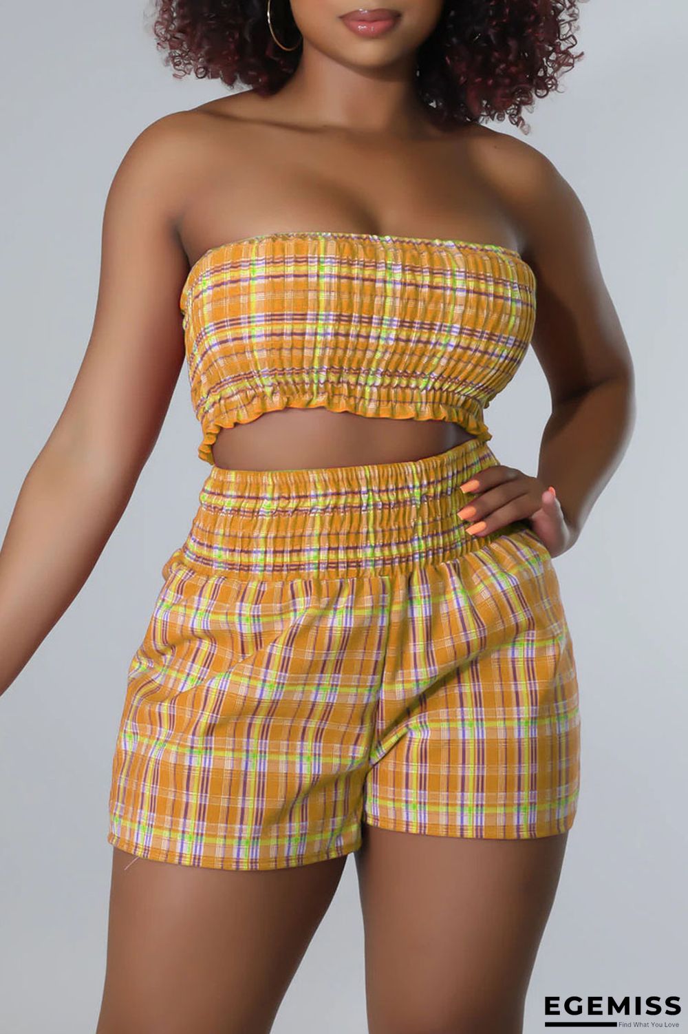Yellow Casual Plaid Print Patchwork Strapless Sleeveless Two Pieces | EGEMISS