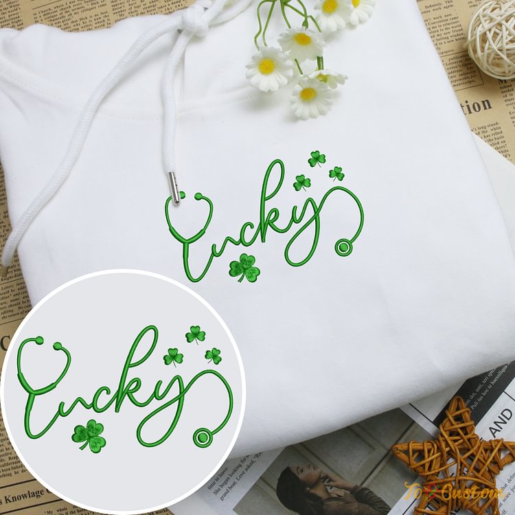 TOSCUSTOM™ St.Patricks Lucky Stethoscope Sweatshirts Irish Nurse Embroidered Hoodies