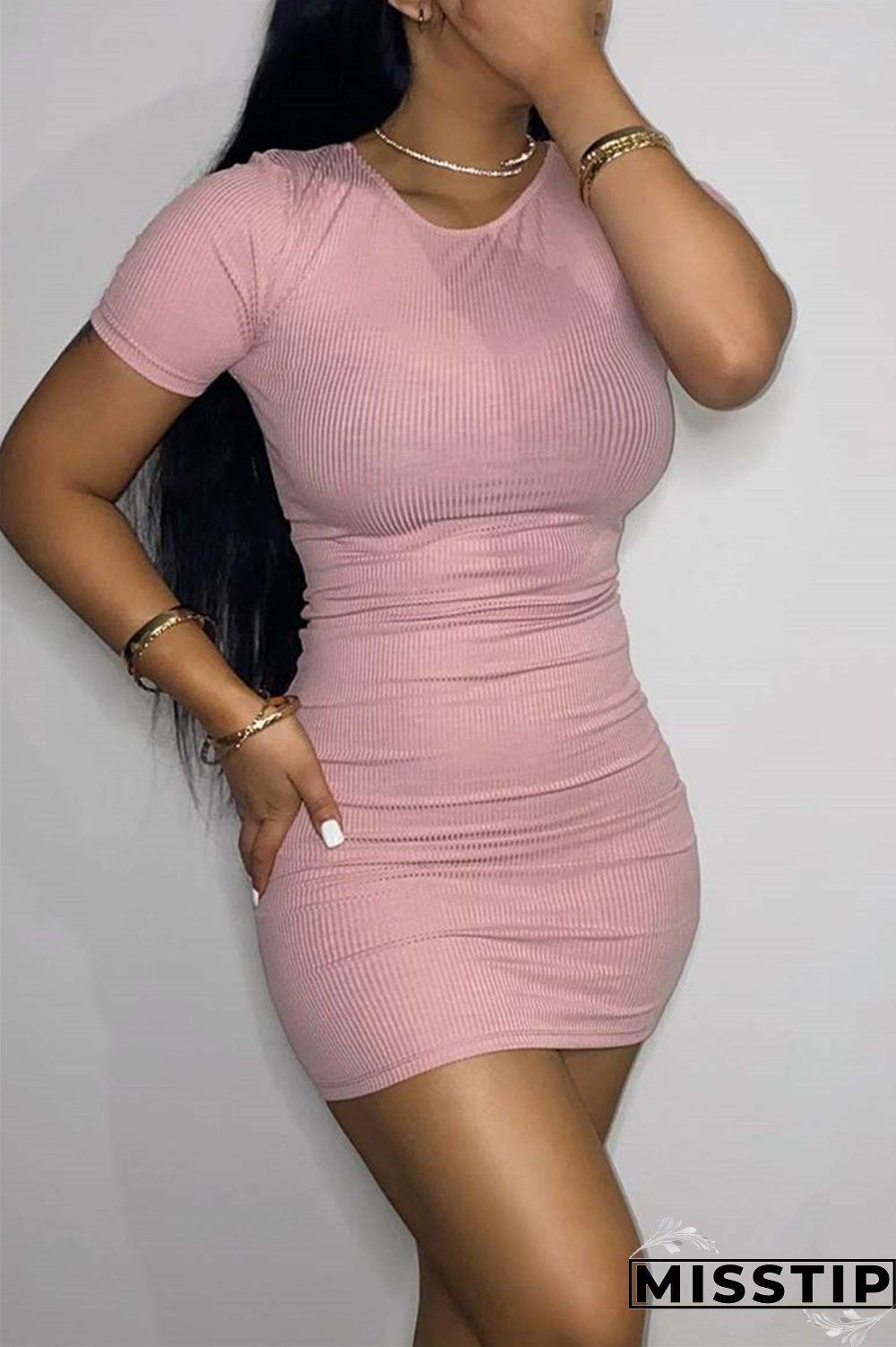 Pink Fashion Casual Solid Basic O Neck Short Sleeve Dress