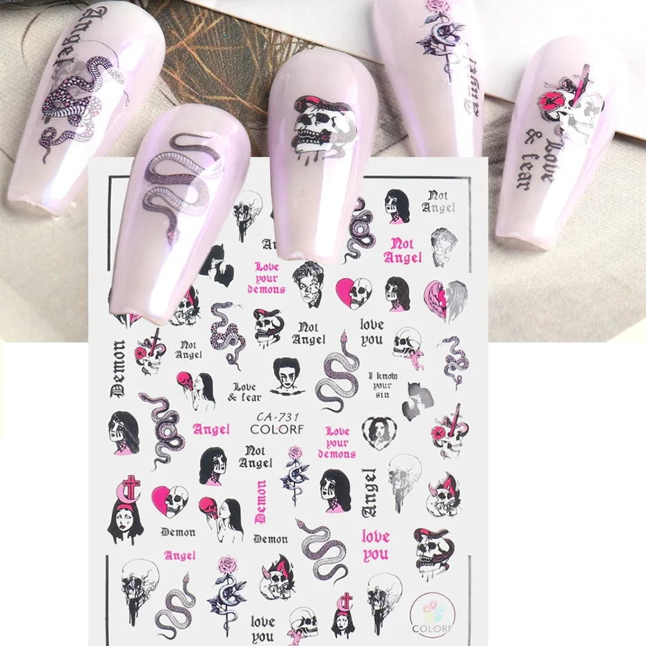 Applyw Snake Abstract face Nail Stickers Gothic Design Halloween Christmas Tattoo Anime Sliders For Nails Manicure SACA725-732