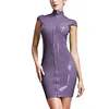 High Neck Wetlook Bodycon Mini Dress Women Short Sleeve Turtleneck Slim PVC Dress Ladies Full Zipper Dress Plus Size Clubwear