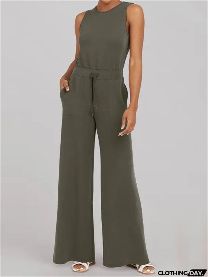 Ladies Summer Relaxed Crew Neck Sleeveless Straight Leg Jumpsuit