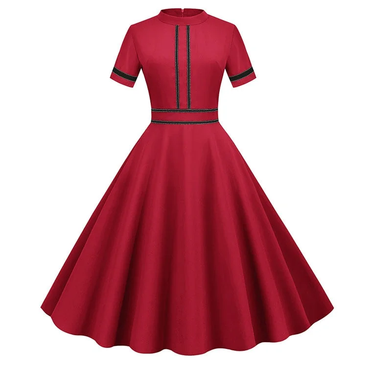 Solid Women Summer Dress Elegant Short Sleeve Stand Collar Vintage A-line Midi Long Office Party Sundress Robe
