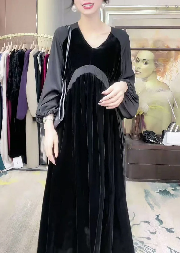 Loose Black V Neck Patchwork Silk Velour Long Dress Winter