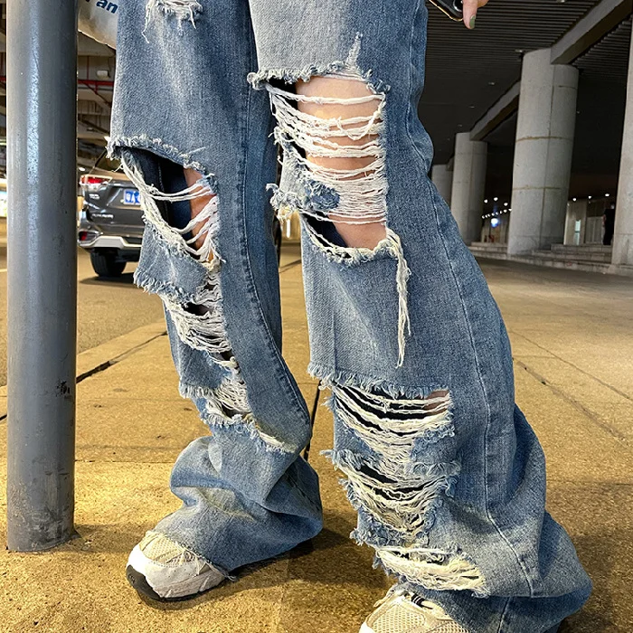 Streetwear Straight Pants Ladies Ripped Jeans / DarkAcademias /Darkacademias
