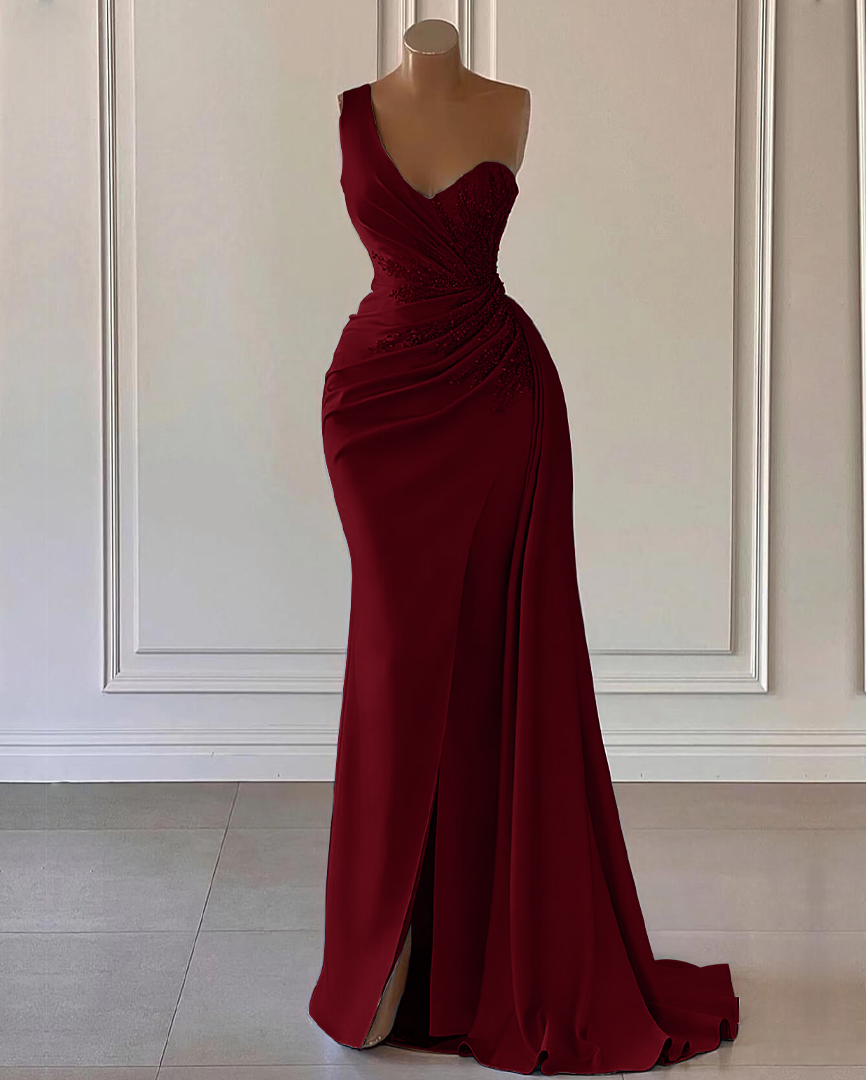 Sky Blue One Shoulder Train A-line Prom Evening Dress