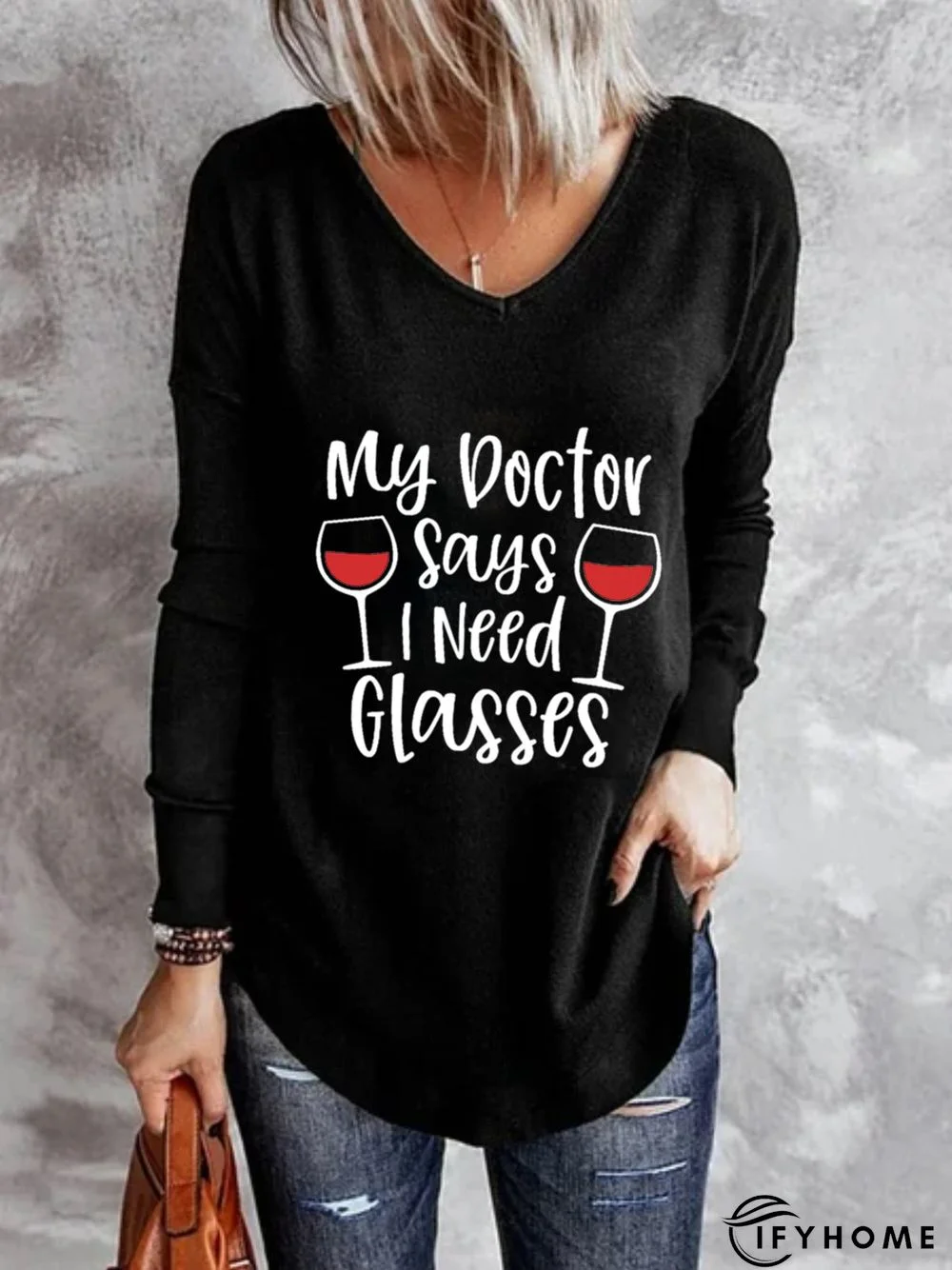 Casual Long Sleeve V Neck Plus Size Printed Tops T-shirts | IFYHOME