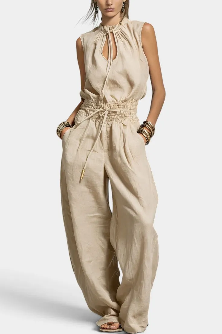 High-Neck Lace-Up Jumpsuit with Elastic Waist & Wide Legs