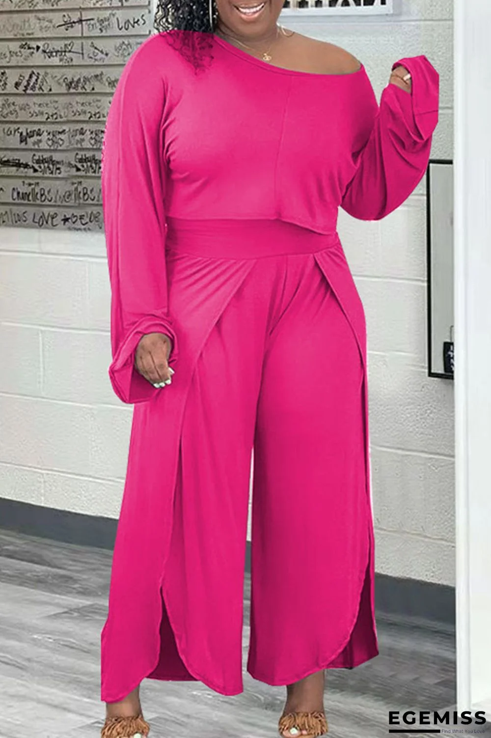 Rose Red Casual Solid Patchwork Asymmetrical O Neck Plus Size Two Pieces | EGEMISS