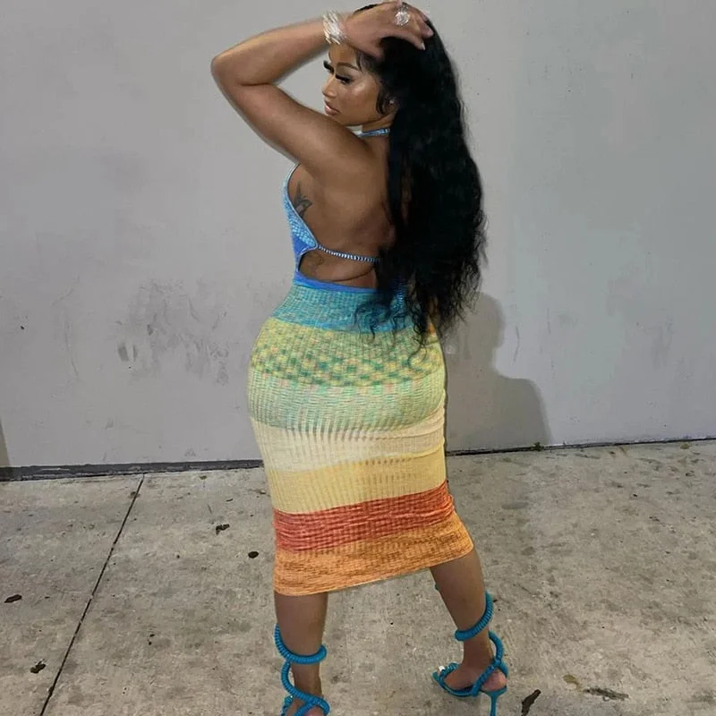 BIIKPIIK Hollow Out Robe Knee-length Elegant Dress Women Patchwork Sleeveless Halter Bodycon Sexy Vintage Dresses For Party Club