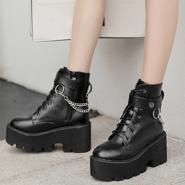 New Chain Black Women Leather Autumn Boots Block Heel Gothic Punk Style Platform Shoes Female Ankle Boots - Shop Trendy Women's Fashion | TeeYours