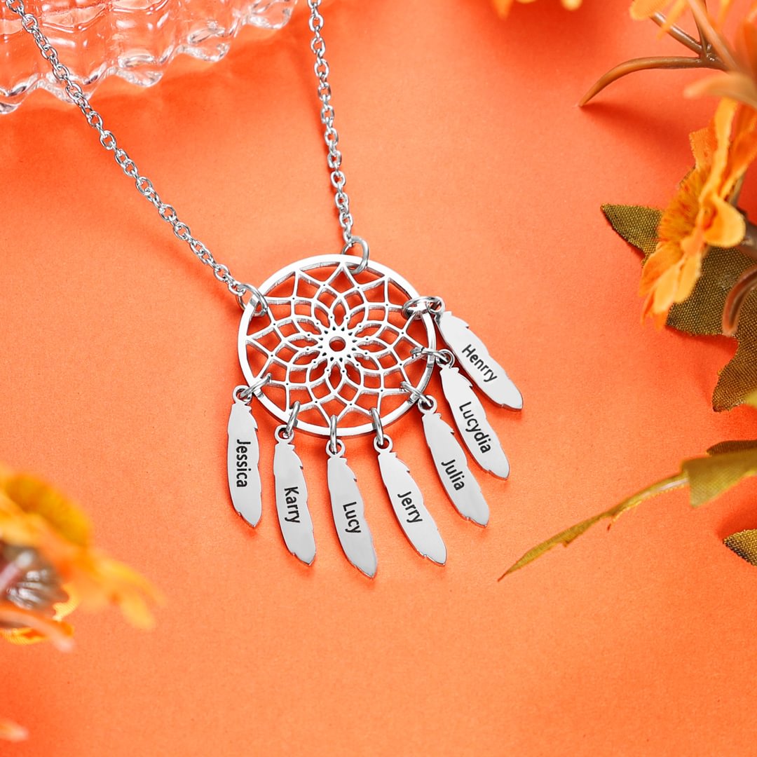 Personalized Retro Dream Catcher Necklace Engraved 3 Names Gift For Women