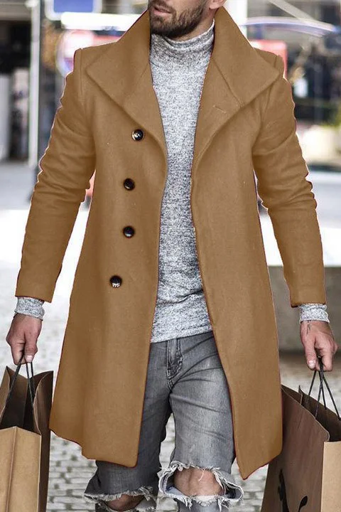 Tiboyz Fashion Men's Casual Solid Color Slim Fit Winter Trend Woolen Coat