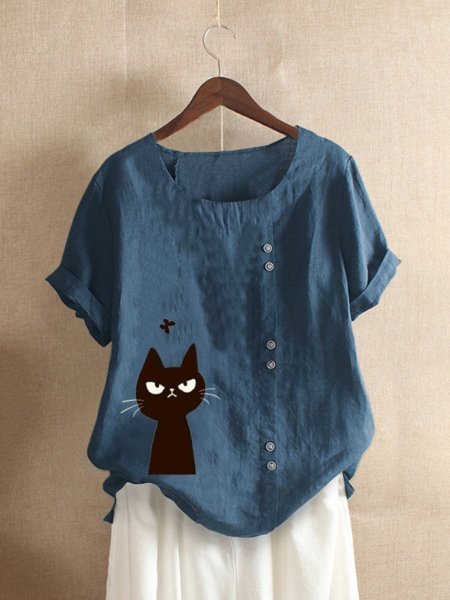 Casual Cat Butterfly Print Crew Neck Short Sleeve T-Shirt