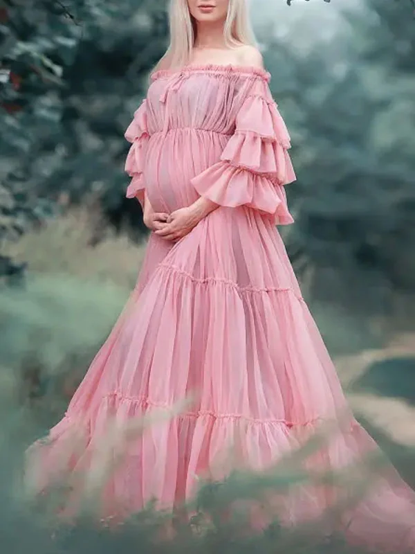 Maternity Pink Mesh Ruffle One-shoulder Photoshoot Dress