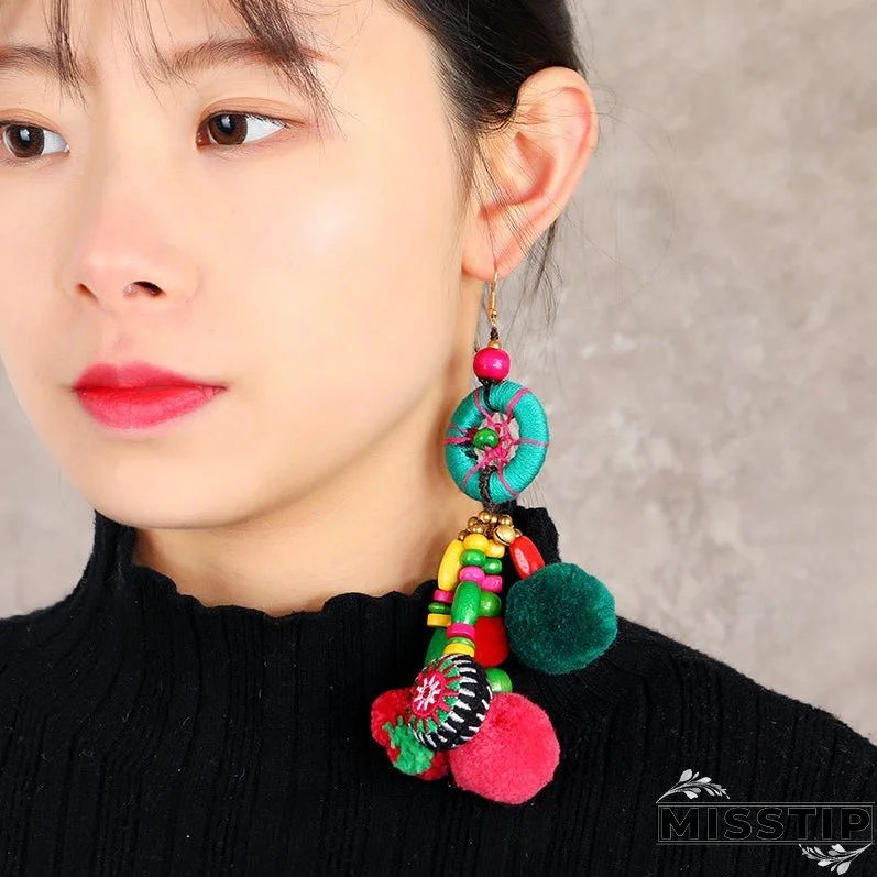 Retro national style contrast color pommel Earrings exaggerated personality Bohemian holiday long tassel temperament Earrings women