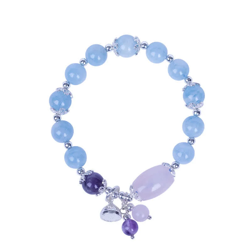 925 Sterling Silver Natural Aquamarine Amethyst Lotus Healing Charm Bracelet