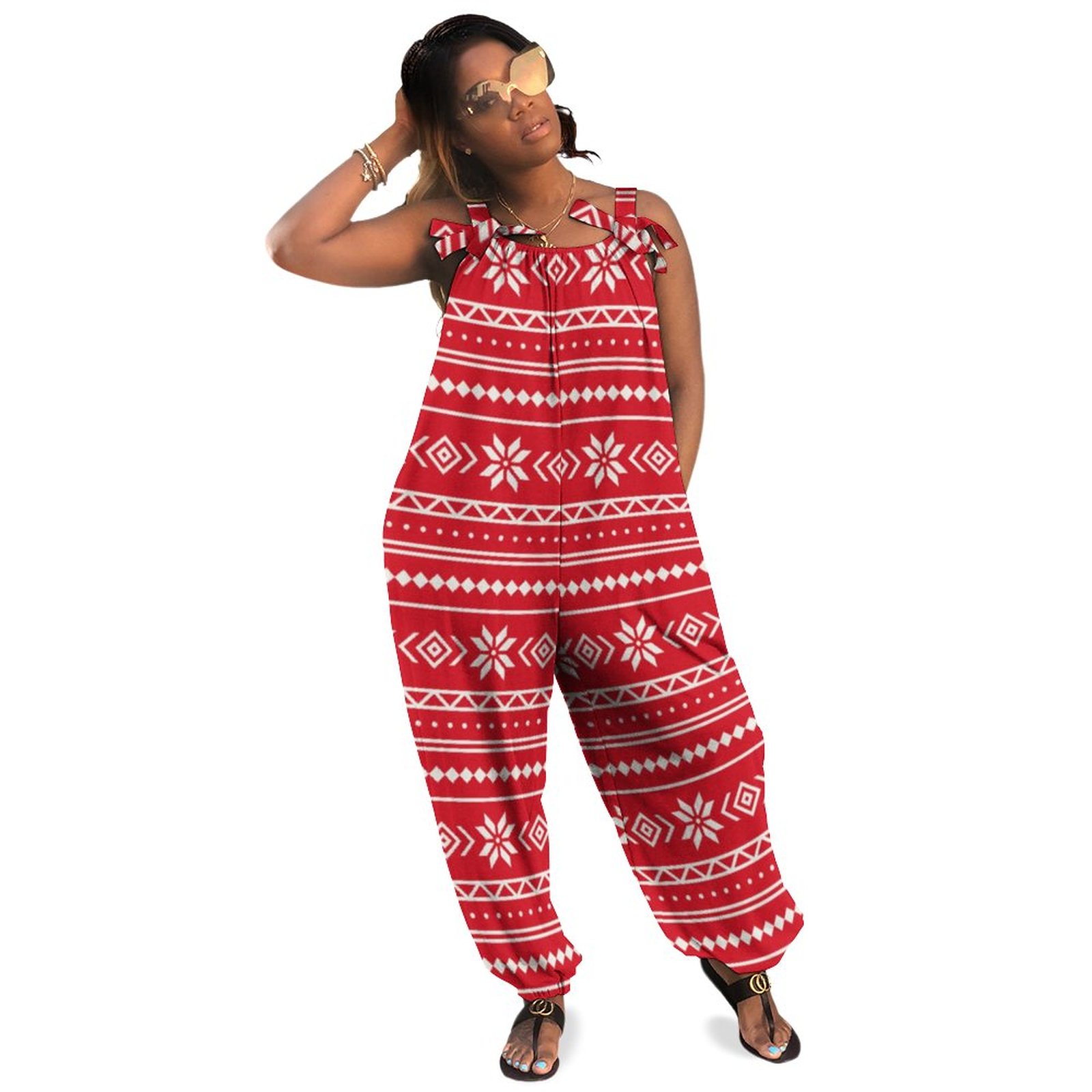 Nordic Knit Fair Isle Sweater Winter Snowflake Red Boho Vintage Loose Overall Corset Jumpsuit Without Top
