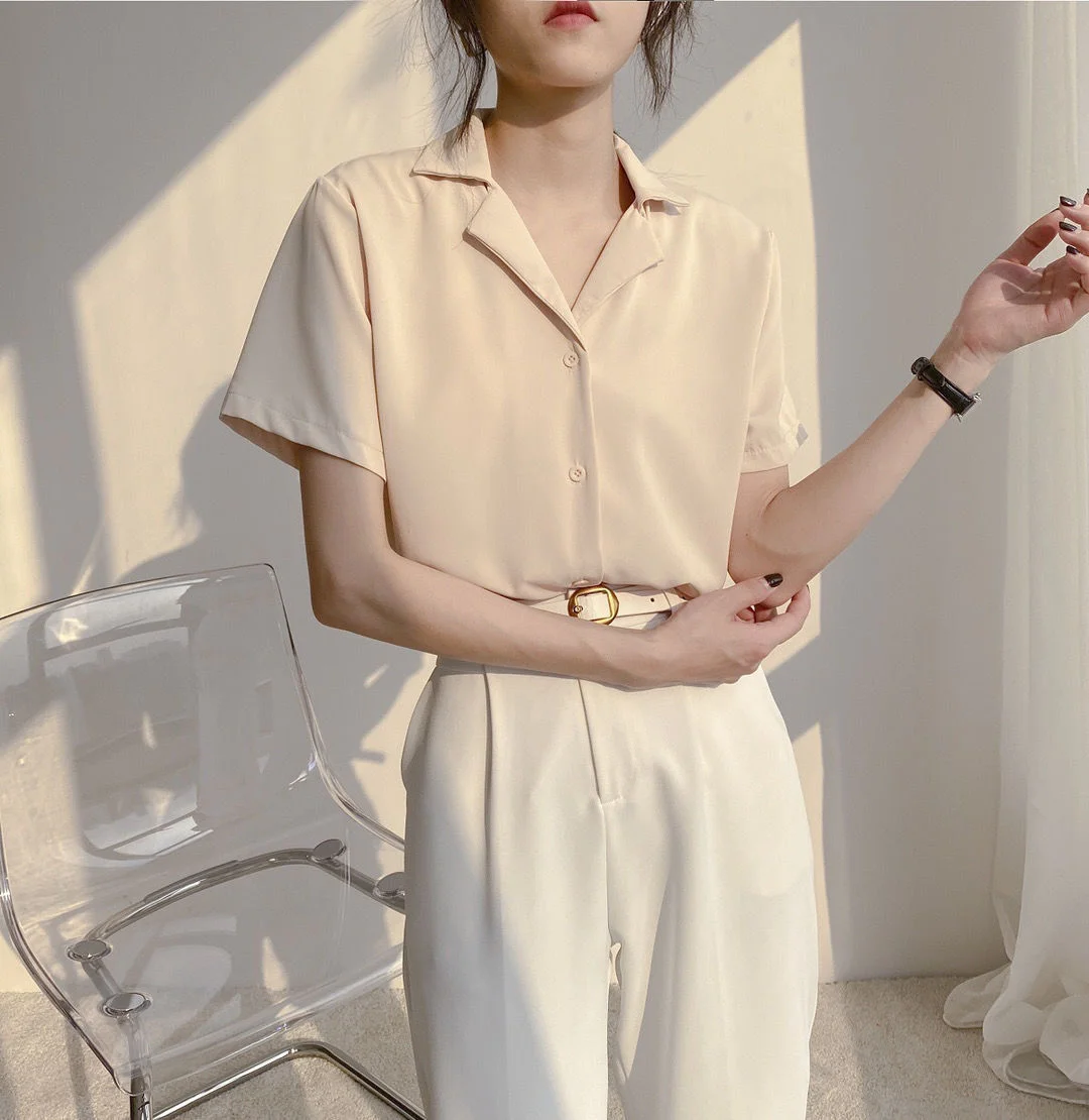 Brownm Brownm Spring And Summer College Style Retro Korean Version Of Professional Suit Collar Turn Students Short Sleeve Shirt Female Pure Color Top Female