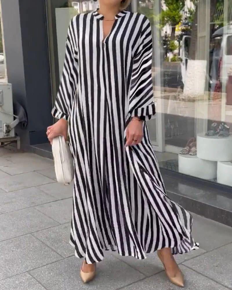 Loose Colorblock Striped Print Long Sleeve Maxi Dress