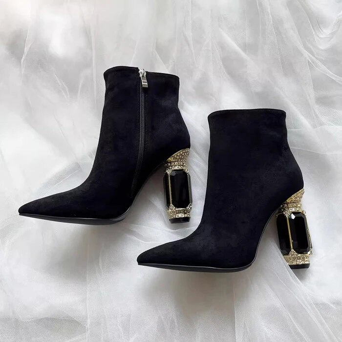 VCSHOES Green Black Suede Gem Crystal Square Heels Ankle Boots Woman Pointed Toe Zipper Royal Rhinestone Heels Booties Shoes