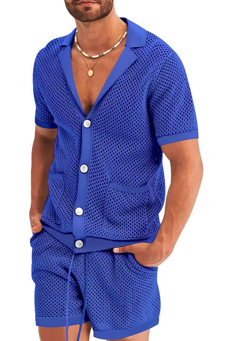Men's Solid Color Summer Sports Hollow Leisure Suits Two Piece Sets