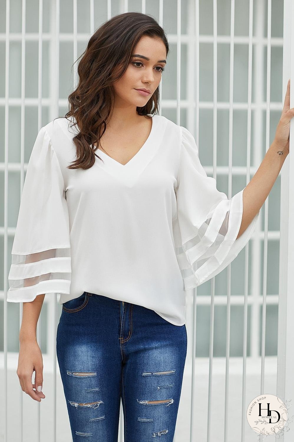 White Flare Sleeve V Neck Sheer Insert Blouse