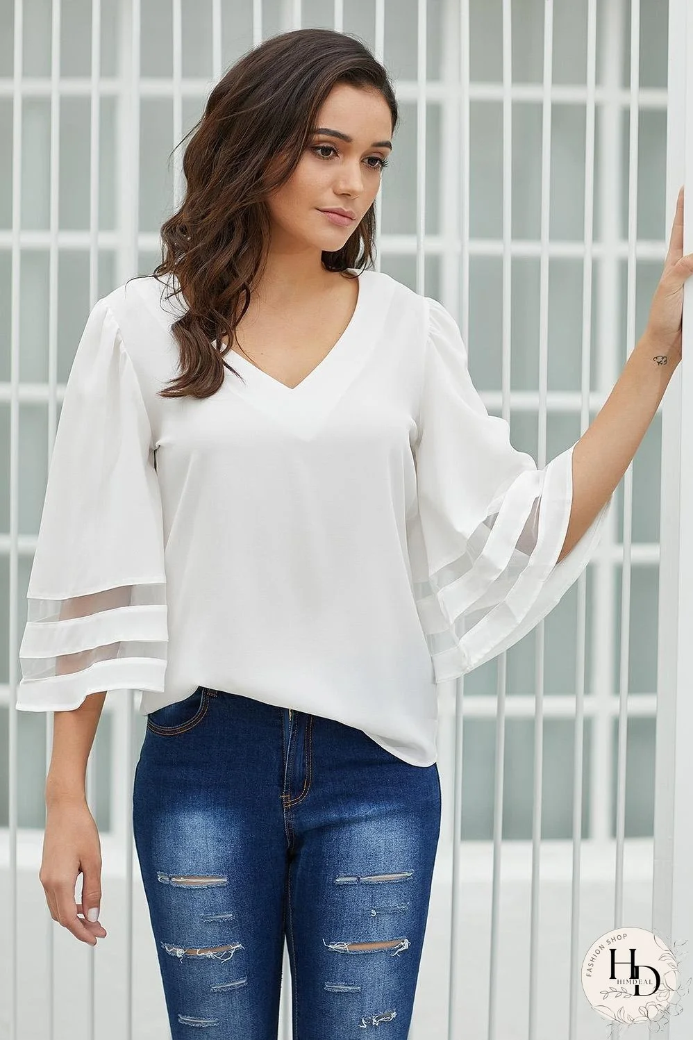 White Flare Sleeve V Neck Sheer Insert Blouse