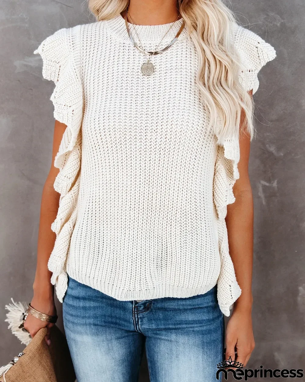 Casual O-Neck Sleeveless Ruffles Pullover Sweater
