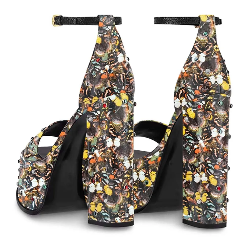Multicolor Butterfly Print Rhinestone Platform Strap Heels Sandals