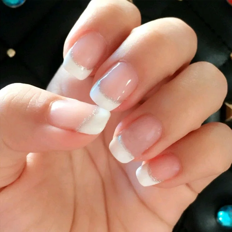 Bride Shining Rhinestone Wedding False Nails Ladies Simple Fashion French Fake Nails White Beige Acrylic Nail Tips With Glue-Nail Inspo