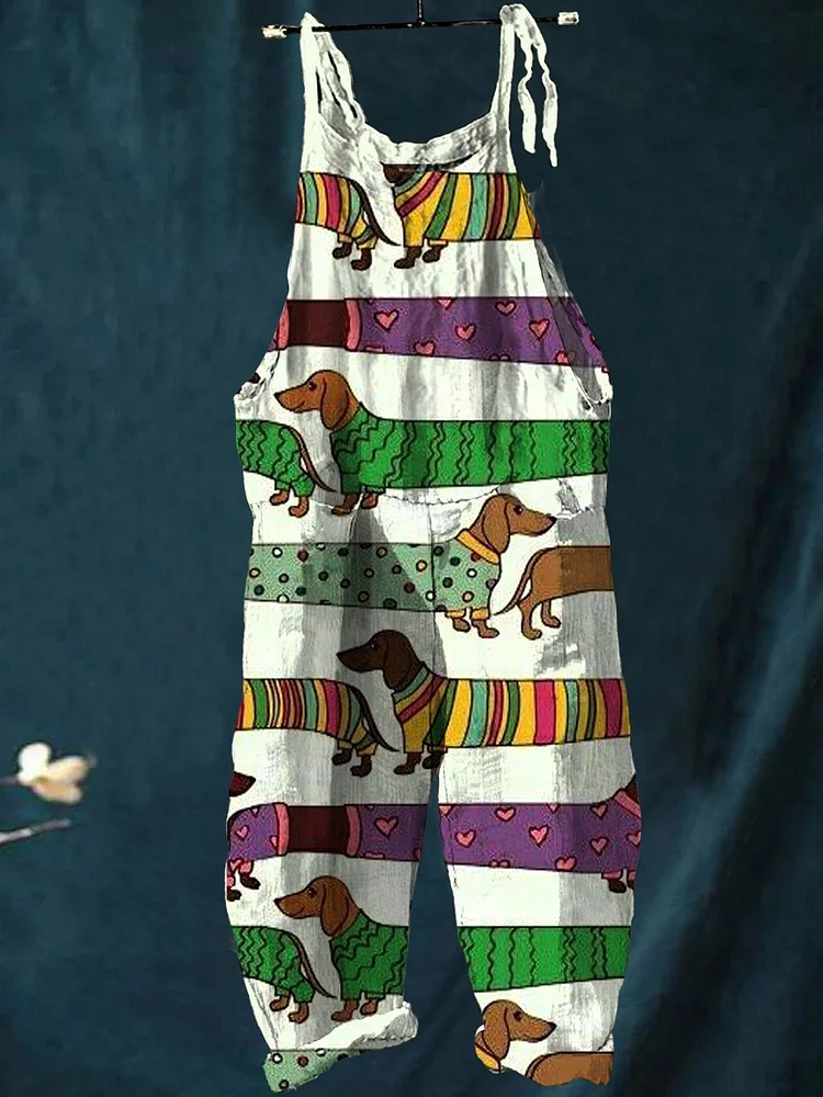 Women's Lovely Dachshund Art Print Casual 100% Cotton Wide Leg Jumpsuit