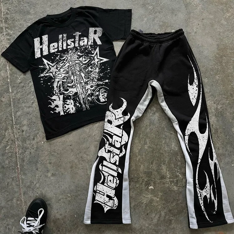 Hellstar Flame Abstract Human Graphics Short Sleeve Tee & Flared Trousers Two Piece Set
