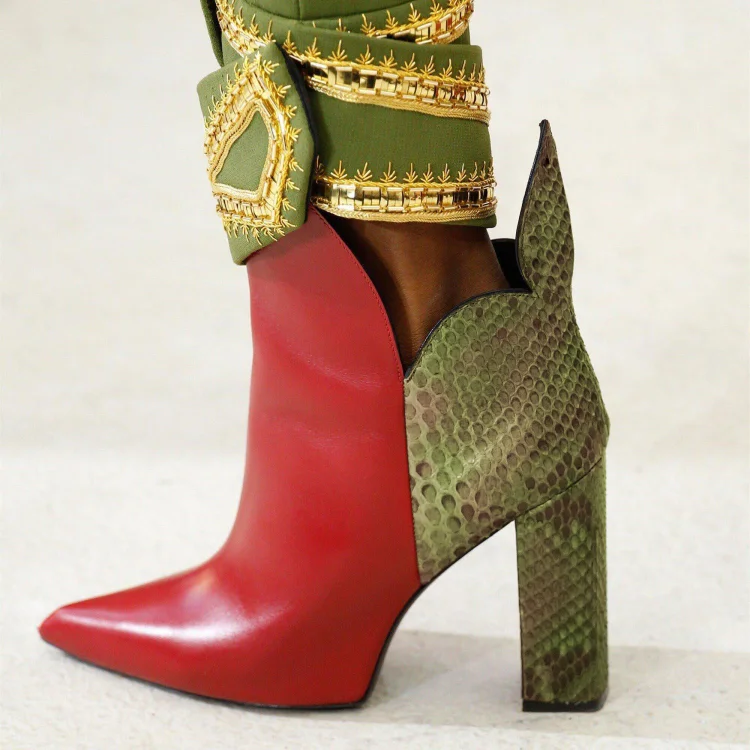 Red and Green Snakeskin Booties Pointy Toe Chunky Heel Ankle Boots |FSJ Shoes
