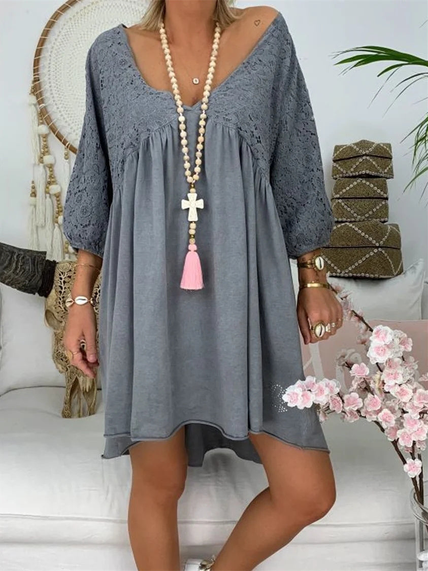 Women's 3/4 Sleeve V-neck Lace Stitching Midi Dress