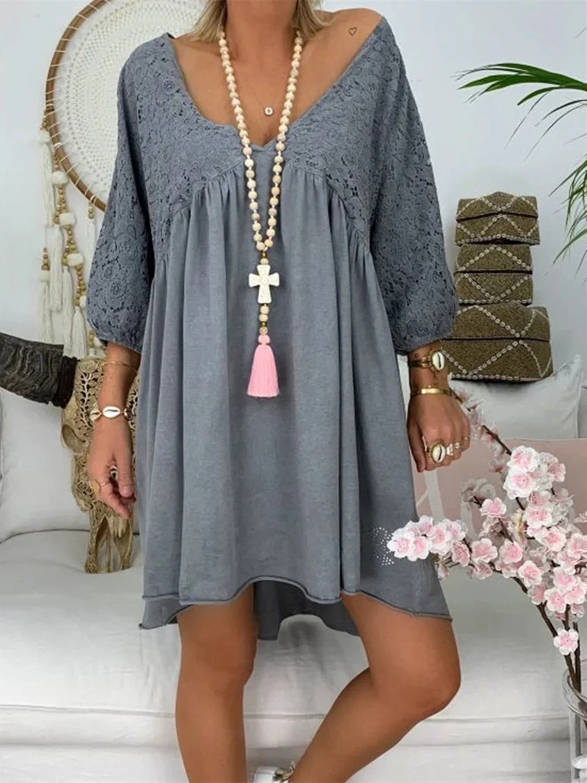 Women's 3/4 Sleeve V-neck Lace Stitching Midi Dress