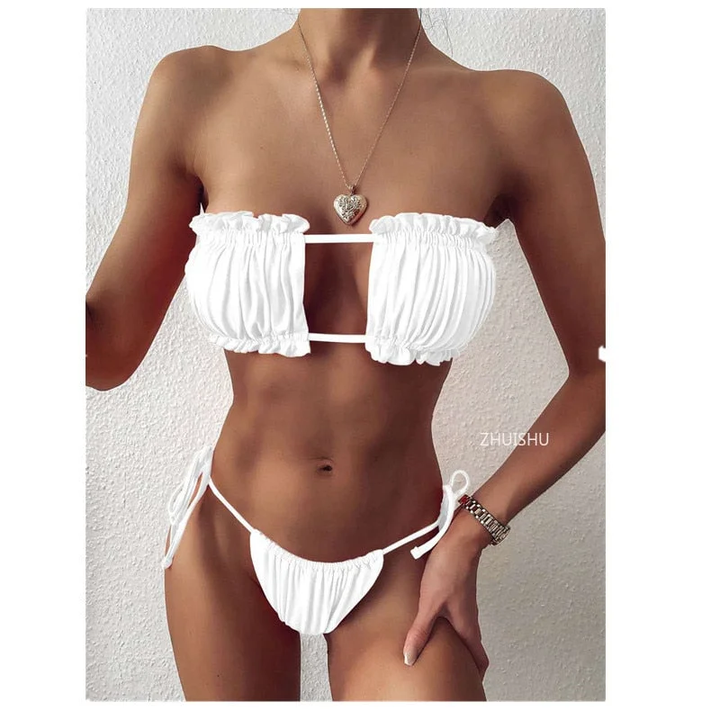 Sexy Bikini Pleated Bandeau Swimsuit Female Swimwear Women Mini Thong Bikini Set Bather Swimming Beachwear for Bathing Suit 2021