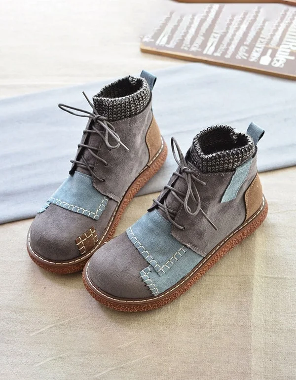 Grey Stitching Handmade Retro Winter Ankle Boots