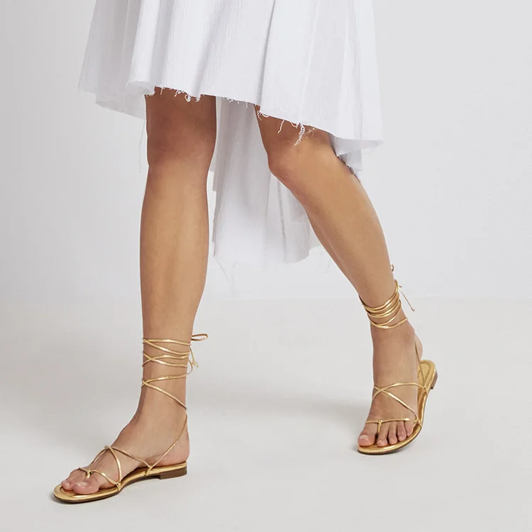 Gold Gladiator Sandals Strappy Flat Sandals |FSJ Shoes