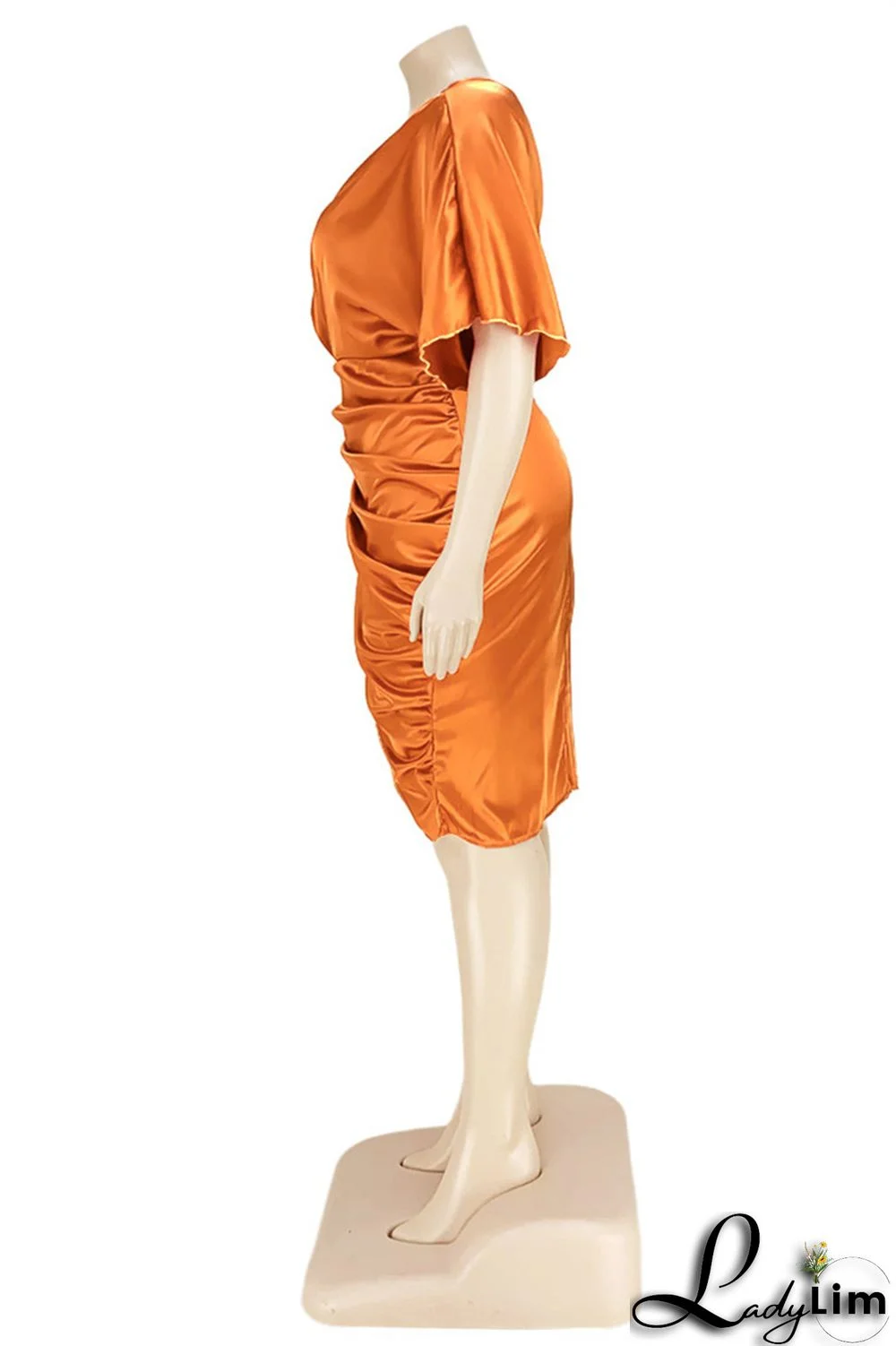 Ink Green Fashion Plus Size Solid Split Joint Backless Fold Oblique Collar Irregular Dress