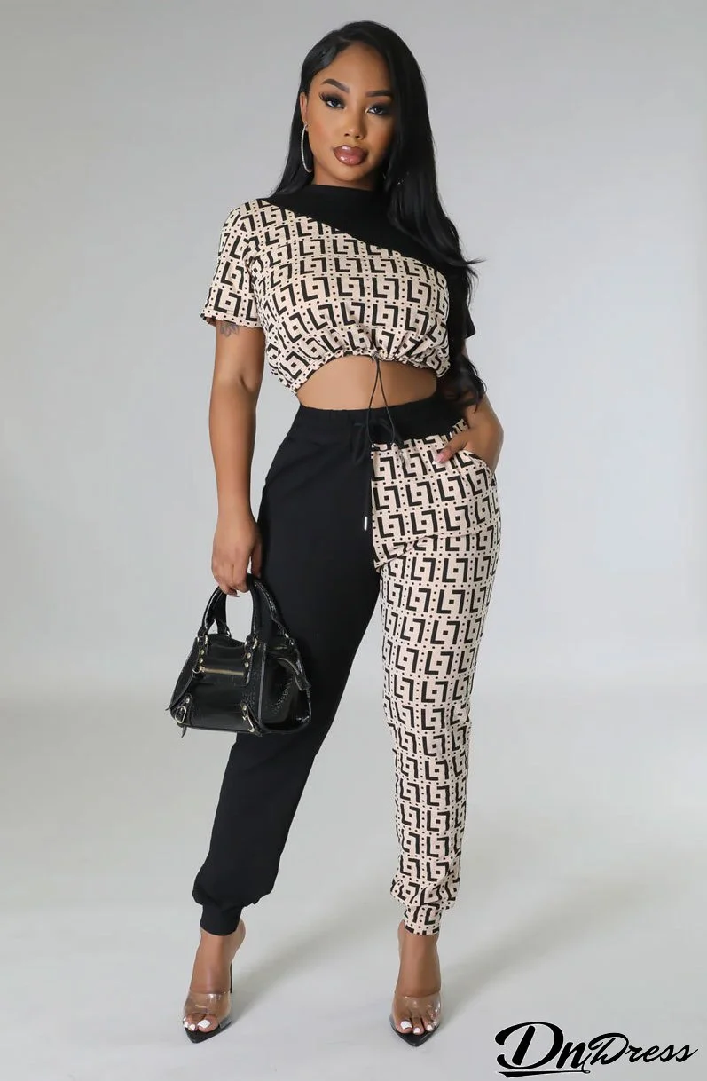Women Fall Casual Colorblock Top and Pant Two-Piece Set