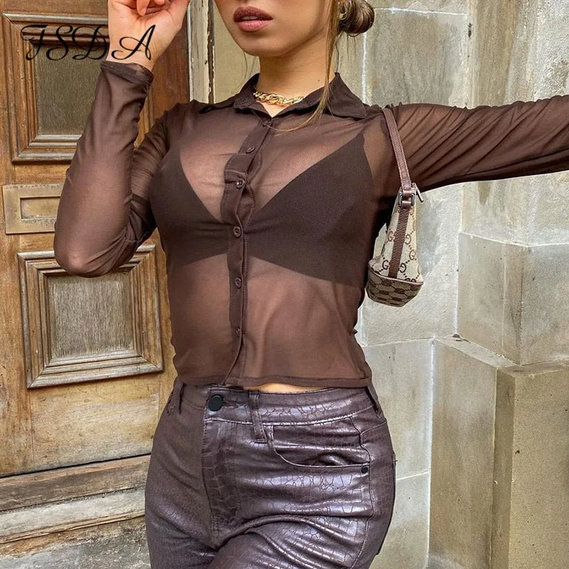 FSDA 2021 Mesh Brown Long Sleeve Crop Top Women Tie Dye Print Summer Spring Basic Sexy Party 90S Casual T Shirts Transparent