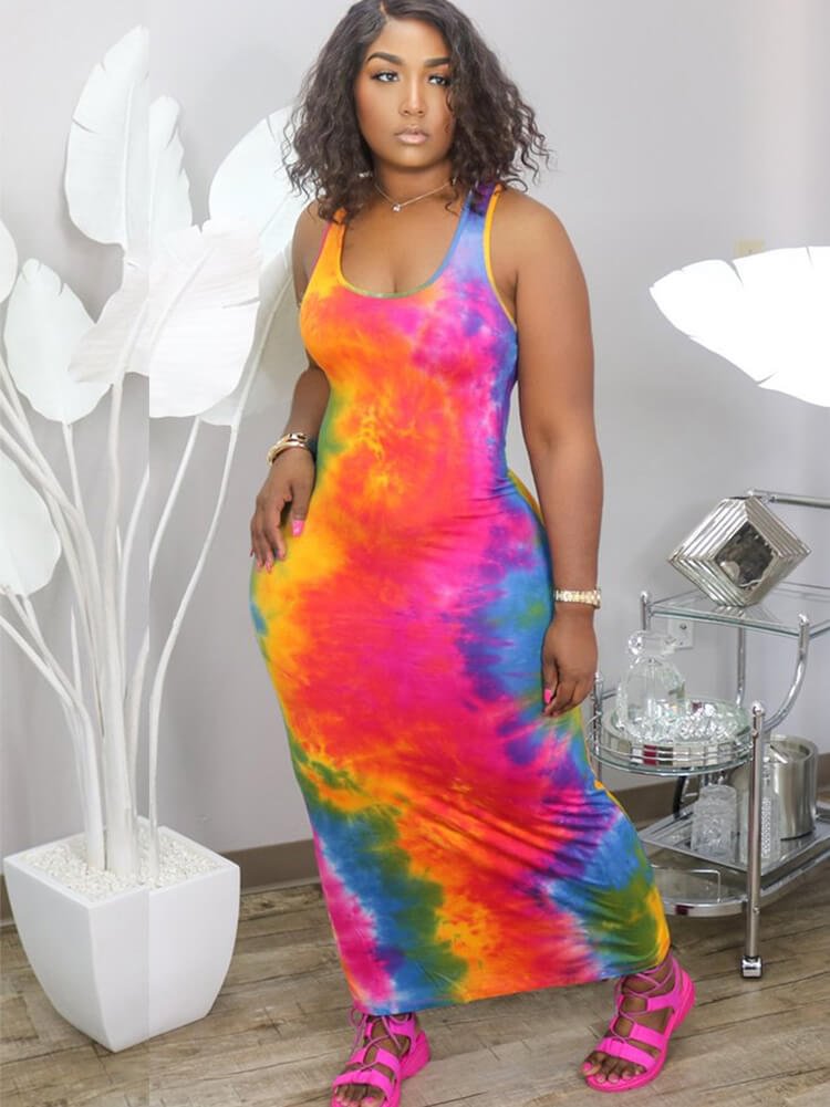 Tie Dye Print Sleeveless Bodycon Maxi Dresses