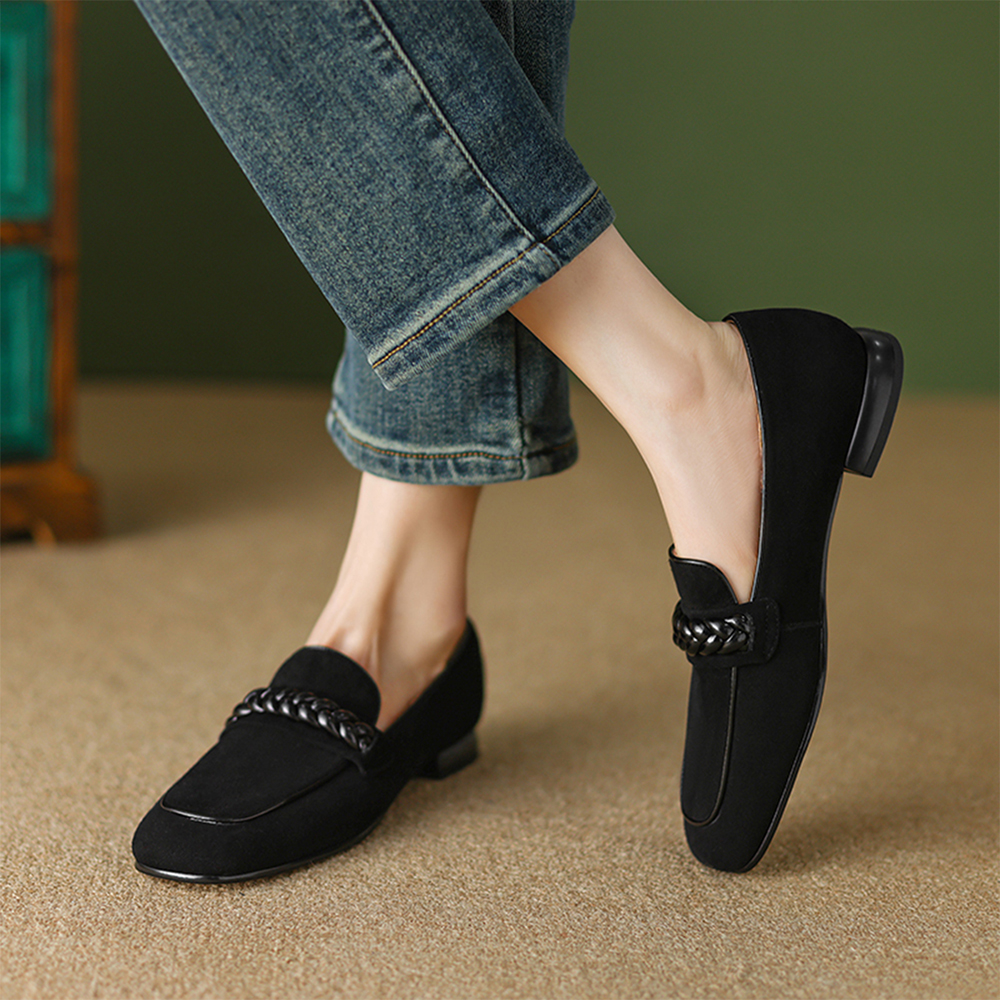 Black Vegan Suede Square Toe Chunky Heel Chain Loafers Nicepairs