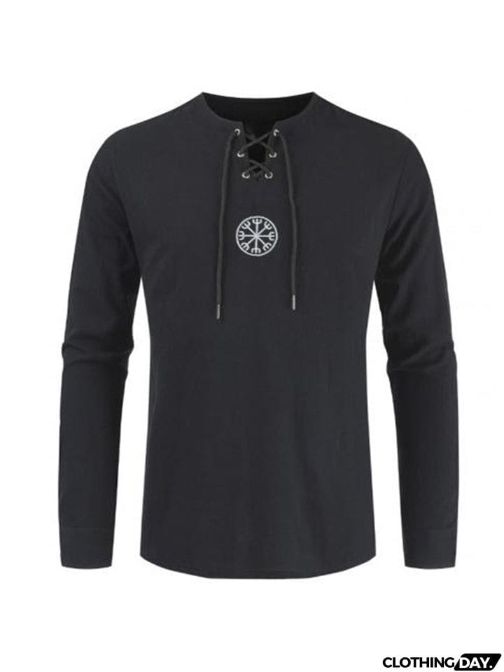 Lace Up Black Long Sleeve Shirt Mens