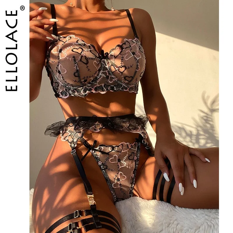 Ellolace Erotic Lingerie Transparent Lace Women's Underwear 3-Piece Underwire Bra Heart Embroidery Ruffled Luxury Bilizna Set