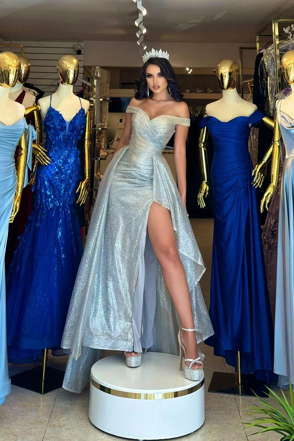 Daisda Shining Off the Shoulder Pleated Prom Dress with Split