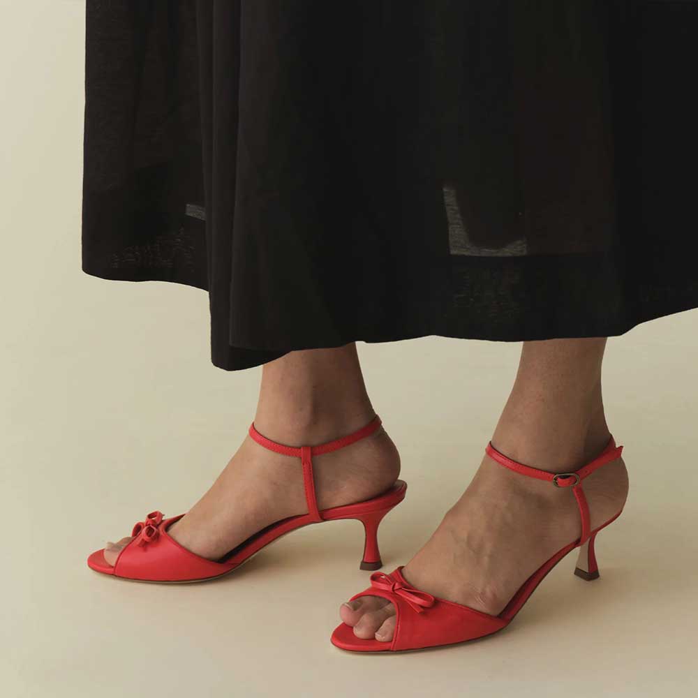 Red Vegan Leather Peep Toe Bow Inlay Ankle Strap Sandals for Ladies Nicepairs